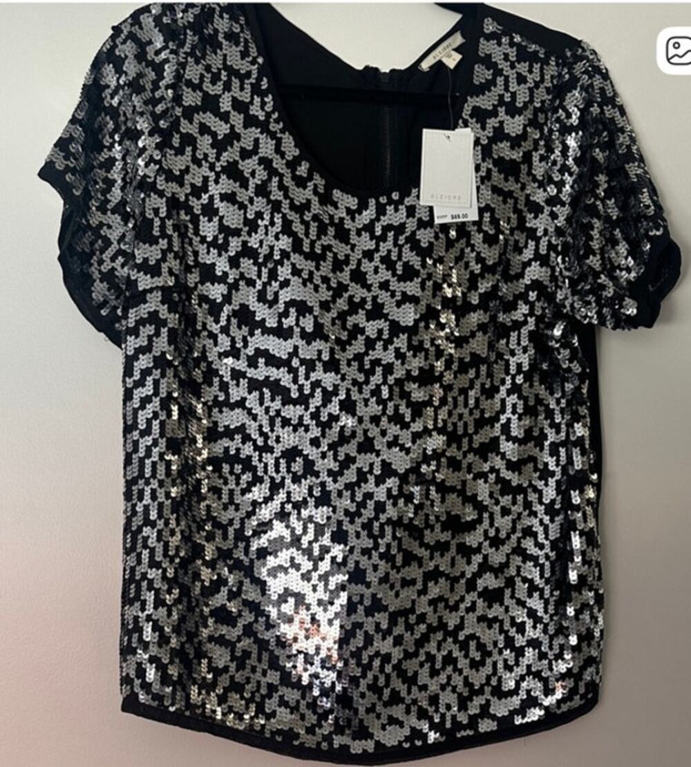 Pleione Black & Silver Sequin Top Zip Back Scoop Neck Size Large NWT